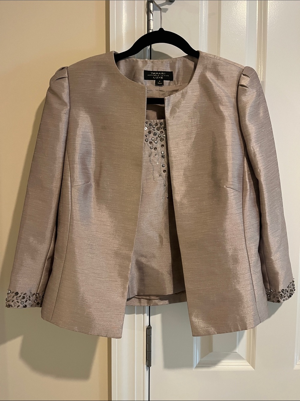 Tahari ASL Metallic Taupe Open-Front Embellished Jacket